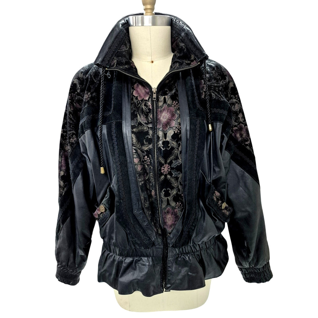 Vintage 80s 90s G-III Black Leather Bomber Jacket with Floral Suede - Womens M/L G III Leather Fashions