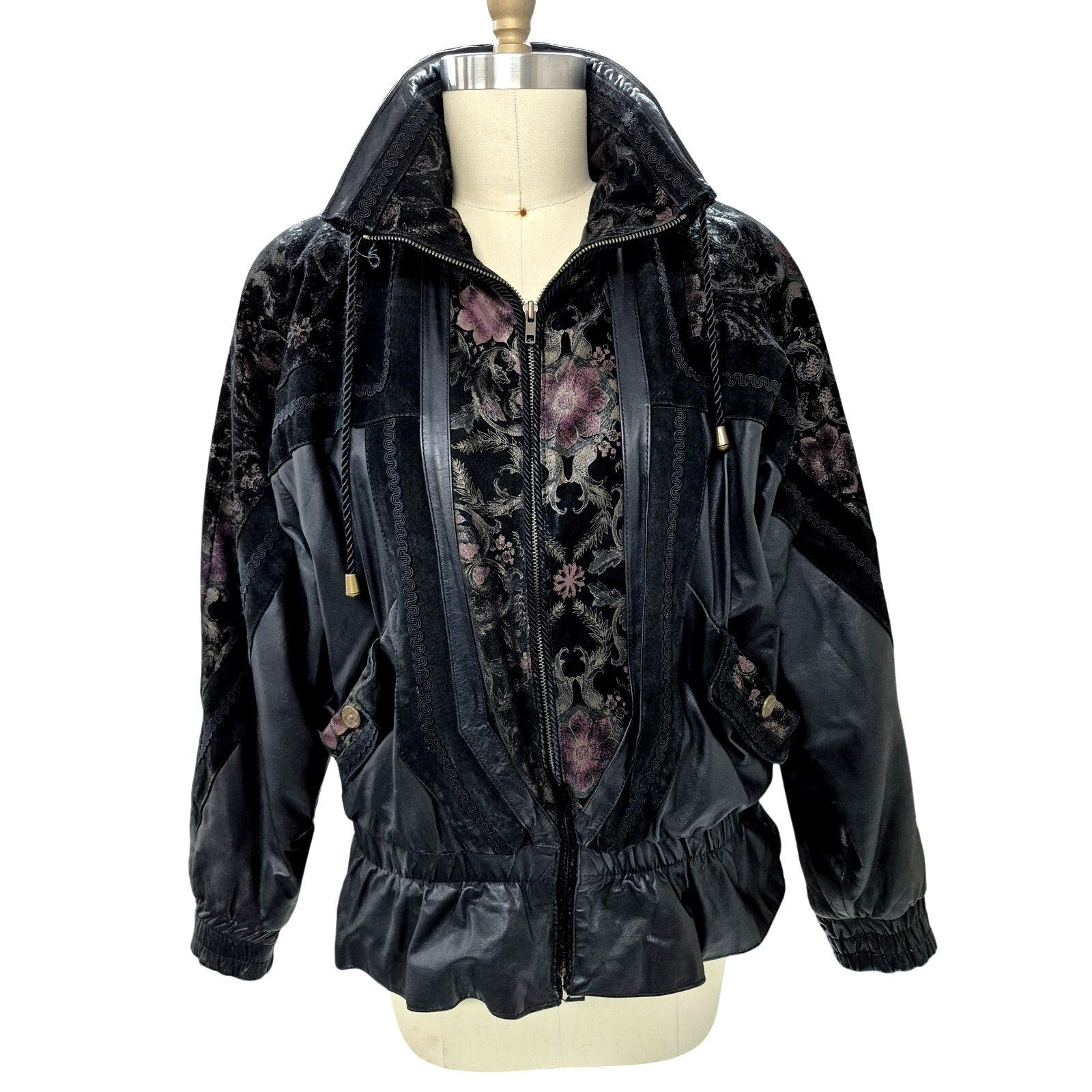 Vintage 80s 90s G-III Black Leather Bomber Jacket with Floral