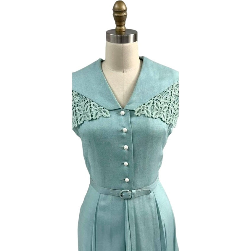 1940s 1950s VTG Bob Low Sz S 6 Aqua Blue Sleeveless Linen Day Dress Lace Collar Bob Low