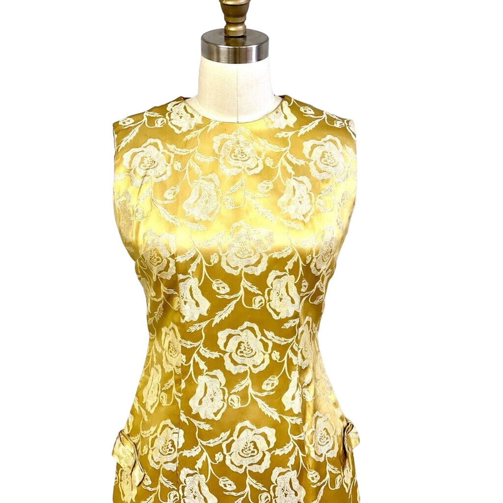 Vtg Chinese Cheongsam Slim Cocktail Dress Gold Damask 36" Bust Womens S/M Unbranded