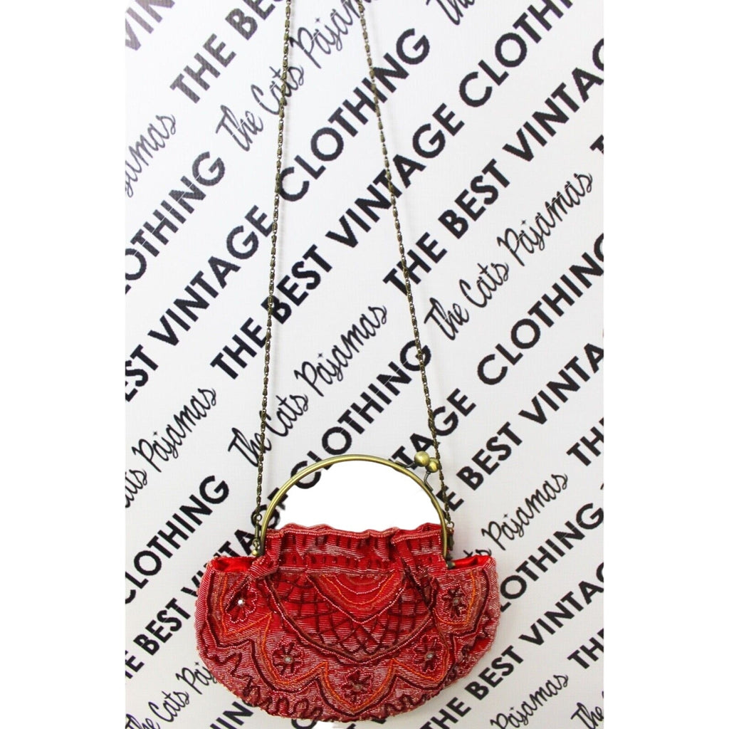 April Cornell Purse Beaded Red Retro Round Brass Metal Clasp Chain Strap 80s April Cornell