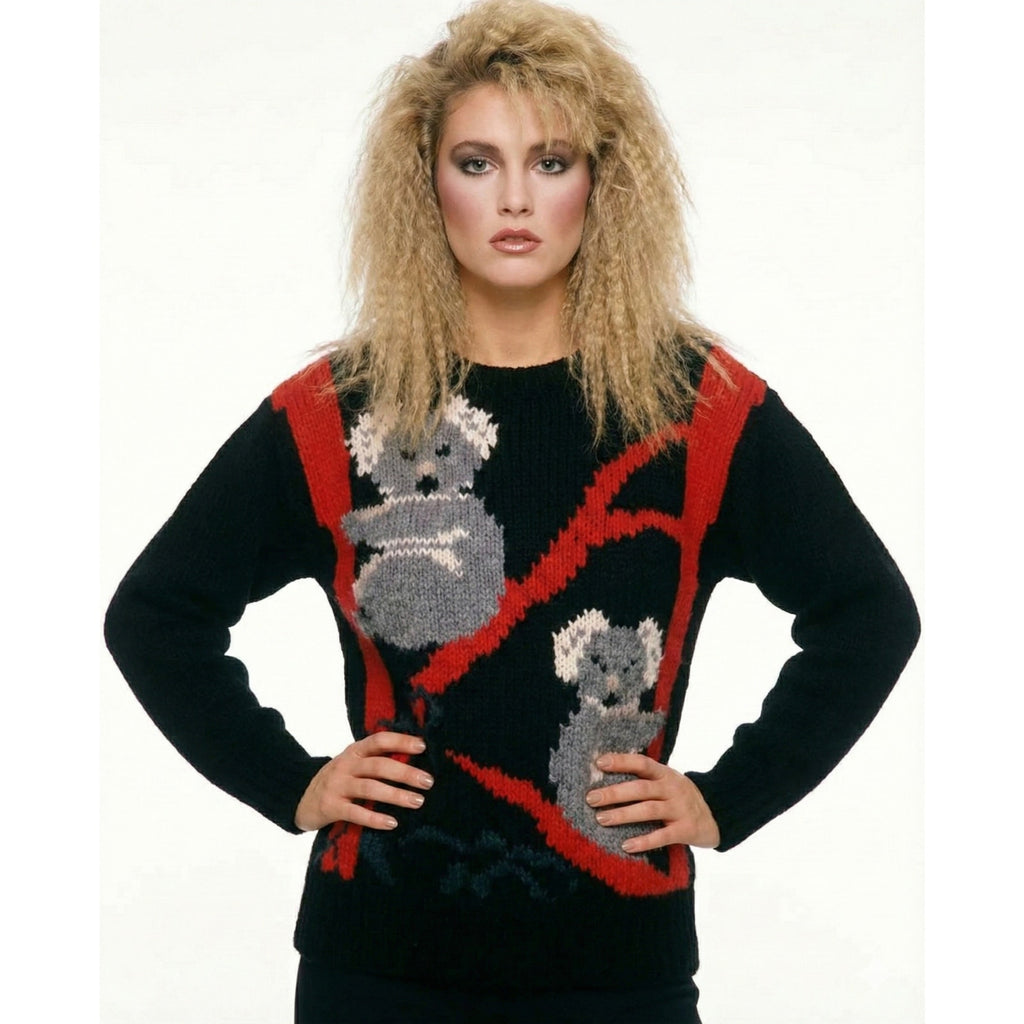 VTG 1980s Woolrich Woman Koala Bear Wool Sweater Black Red Cottagecore Kawaii M Woolrich