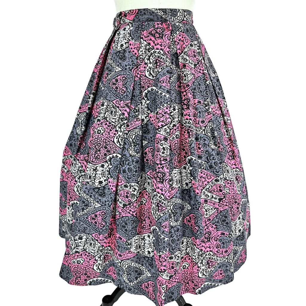 Fab 50s VTG Pink Grey Pleated Full Skirt Heart Pattern Belt Loops S Cotton Handmade