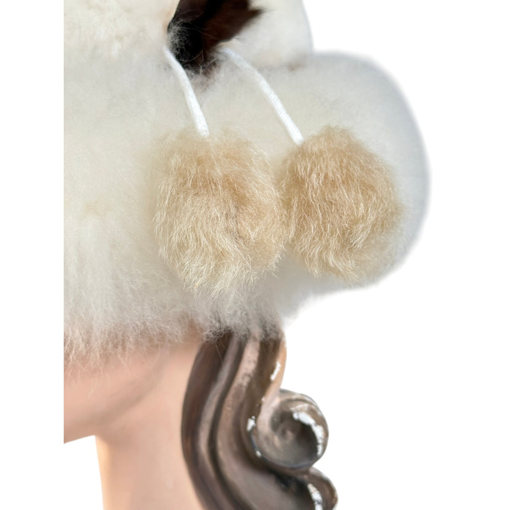 Womens VTG Ivory Shearling Big Brimmed Hat 1970s Large Size Pom Poms Unbranded