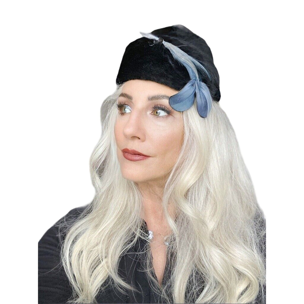 James Campbell VTG Hat Black Mousse Leather Leaves Feathers 1950s + Hat box James Campbell