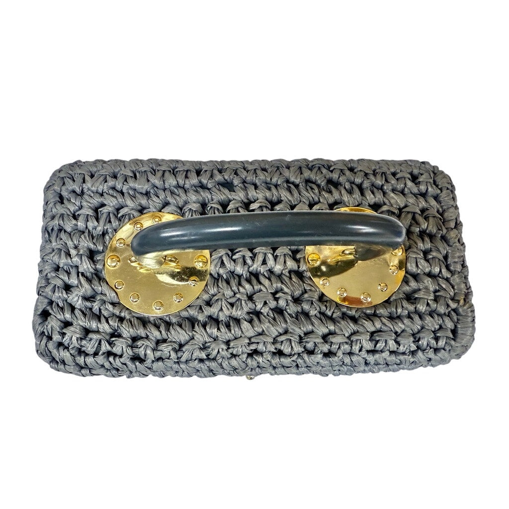 VTG 1960s Raffia Box Purse Gray Gold Meadallion Hardware Hard Sided Mini Unbranded