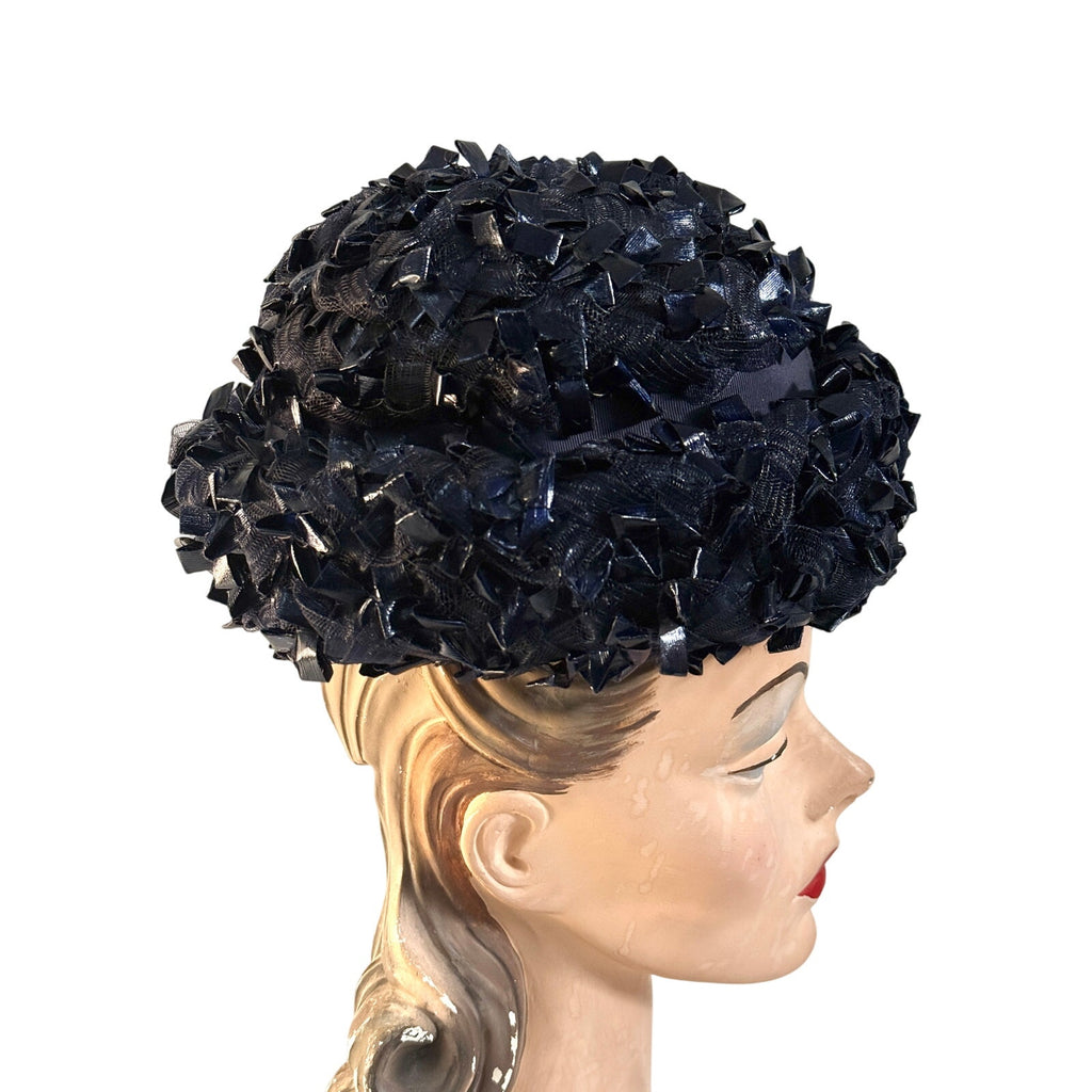 1950s 60s Schiaparelli Hat Vintage MCM Dark Blue Cellophane Straw Pillbox Sz S Schiaparelli