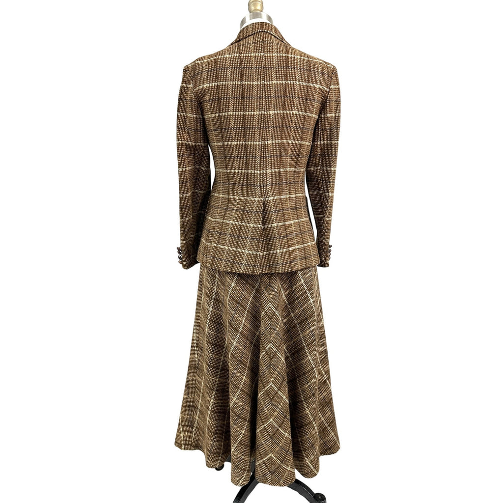1970s Evan Picone A line Skirt Suit All Wool Brown Blue Plaid S/6 Vintage Career Evan Picone