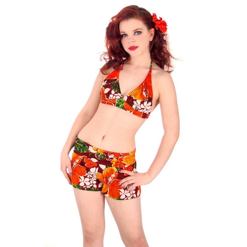 VTG 70s Hawaiian Bikini Set Halter Bra + Boy Leg Shorts Retro Swim S/M Unbranded