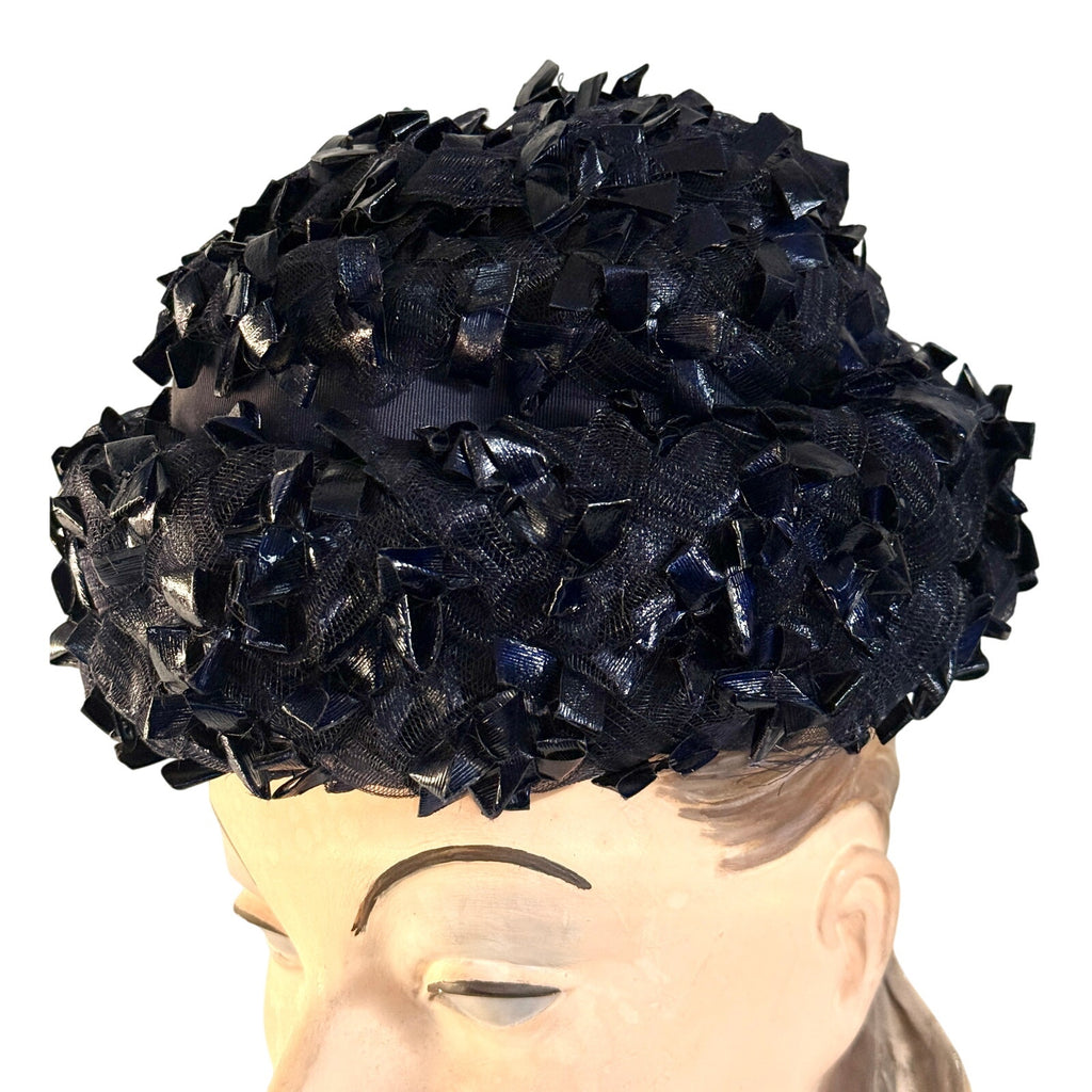 1950s 60s Schiaparelli Hat Vintage MCM Dark Blue Cellophane Straw Pillbox Sz S Schiaparelli