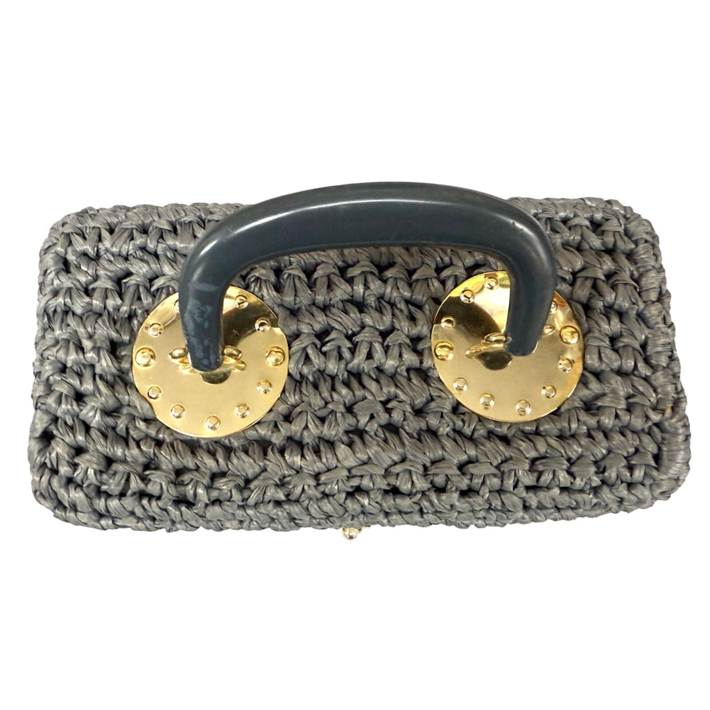 VTG 1960s Raffia Box Purse Gray Gold Meadallion Hardware Hard Sided Mini Unbranded