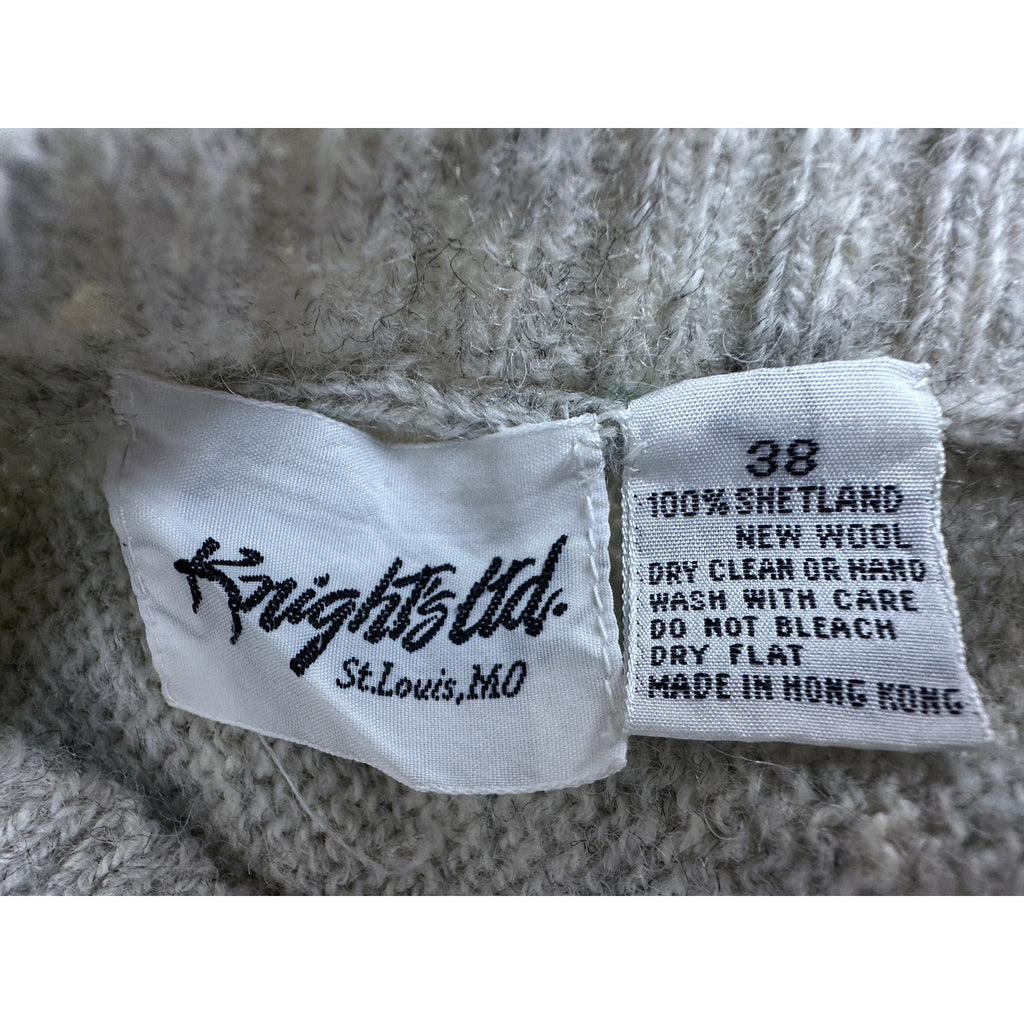 VTG Knight's LTD Shetland Wool Sweater Zebra Intarsia Fringe 80s Gray Sz 38/M/L Knight's