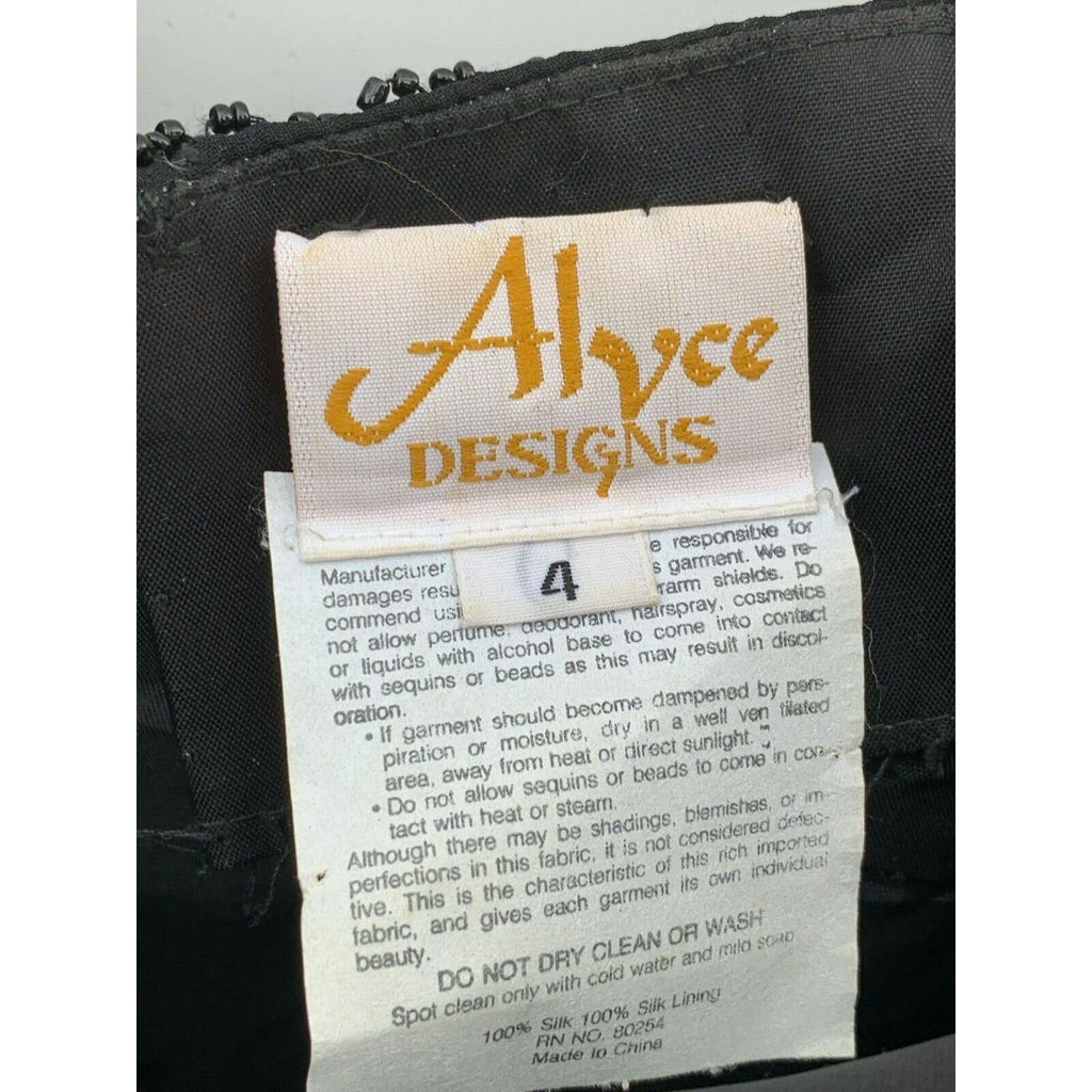 Retro Alyce Designs Vintage Puffy Sleeve Beaded Gown Black Dress Sz 4 80s Glam Alyce Designs