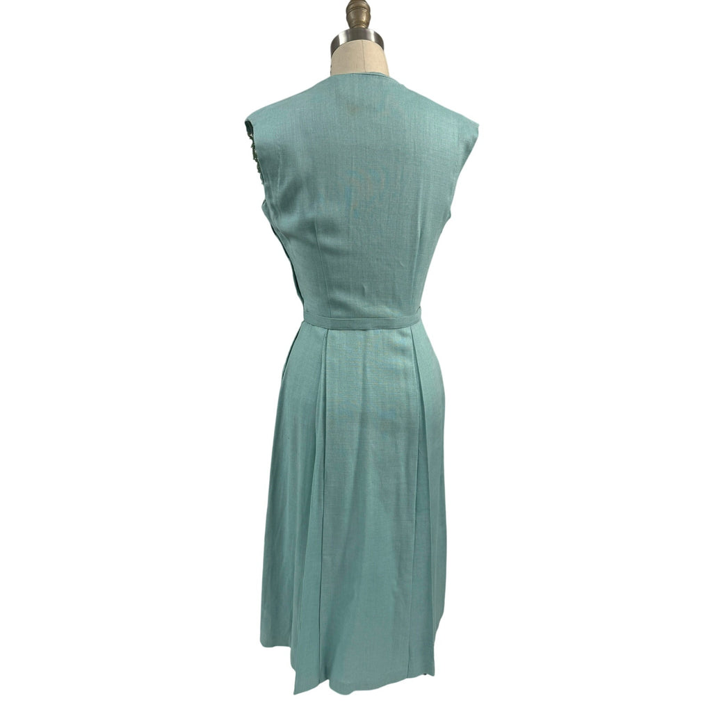 1940s 1950s VTG Bob Low Sz S 6 Aqua Blue Sleeveless Linen Day Dress Lace Collar Bob Low