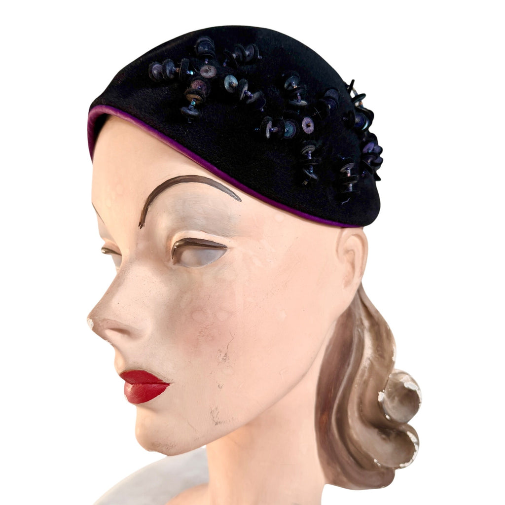 Hattie Carnegie 1950s Womens VTG hat Navy Blue Eclaire Wool Sequin Bead Baubles Hattie Carnegie