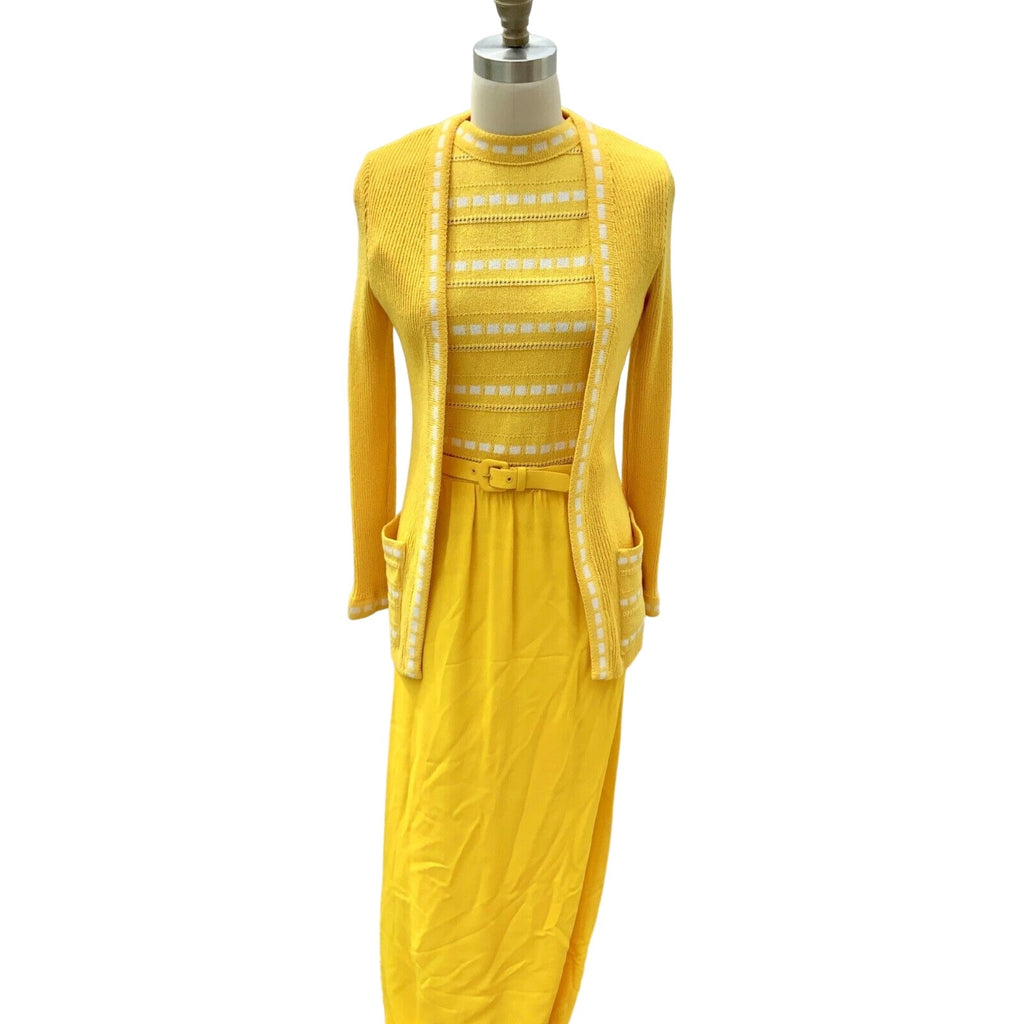 Retro ViNTAGE 70s PAT SANDLER Yellow KNiT SWEATER DRESS & Jacket M NWT SET Pat Sandler