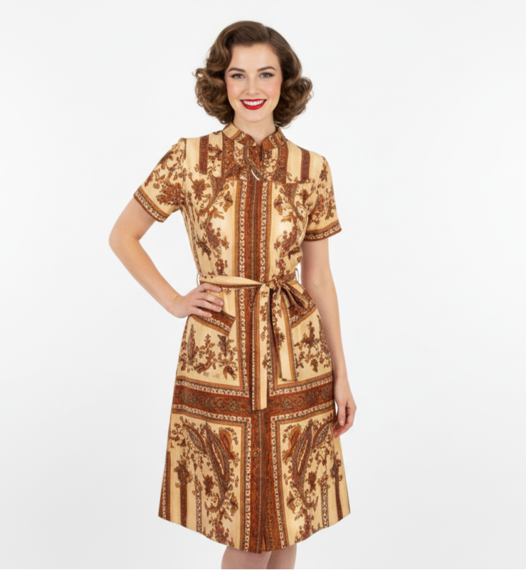 Vintage Silk Shirtwaist Day Dress "Lita" Signed Block Print 1970s Medium Women's The Best Vintage Clothing