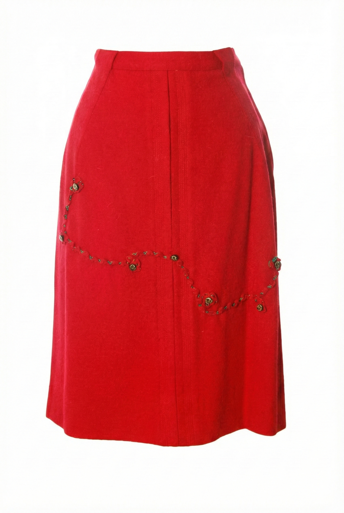 VTG 1950s Lipstick Red Wool Pencil Skirt Passementerie Trim Mod Femme Fatale Women's,New Arrivals The Best Vintage Clothing