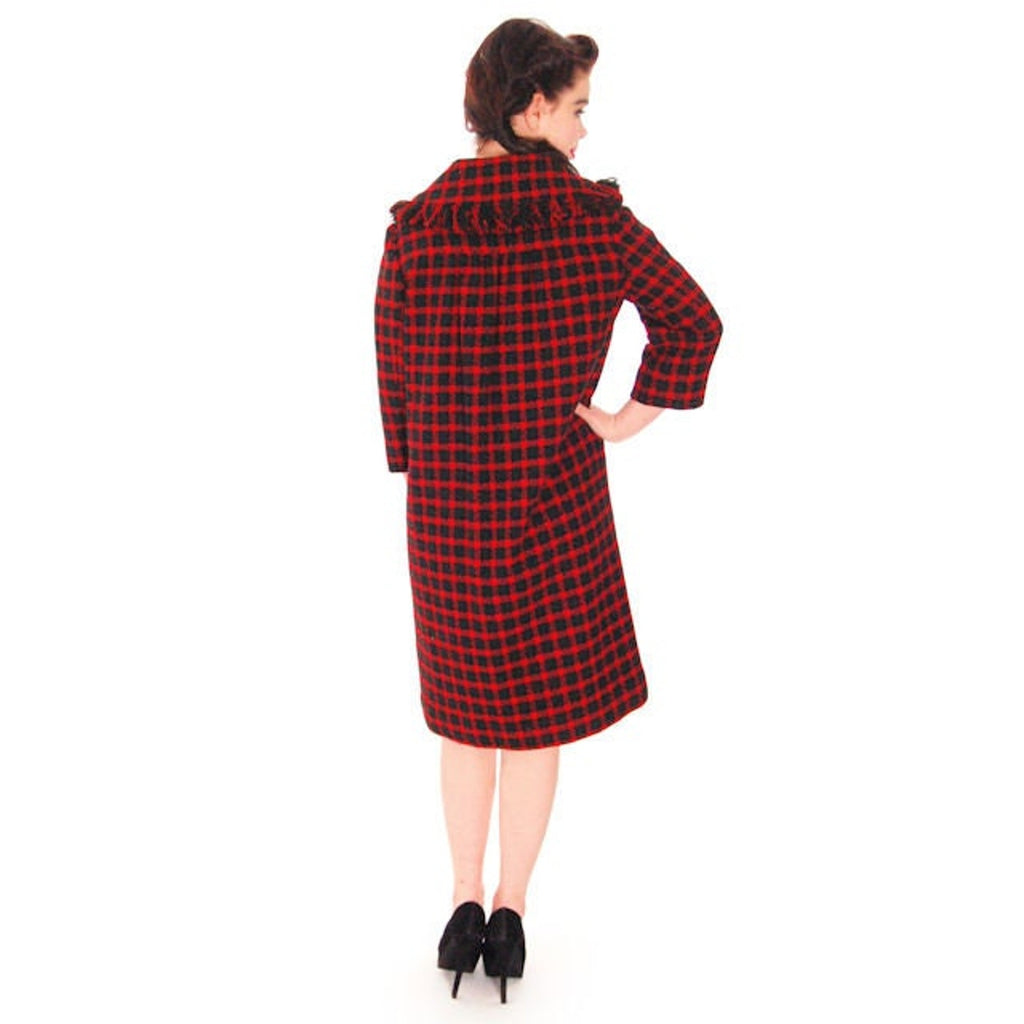 VTG 60s James Galanos Couture Plaid Wool Dress & Coat Red Green Empire Waist S-M James Galanos