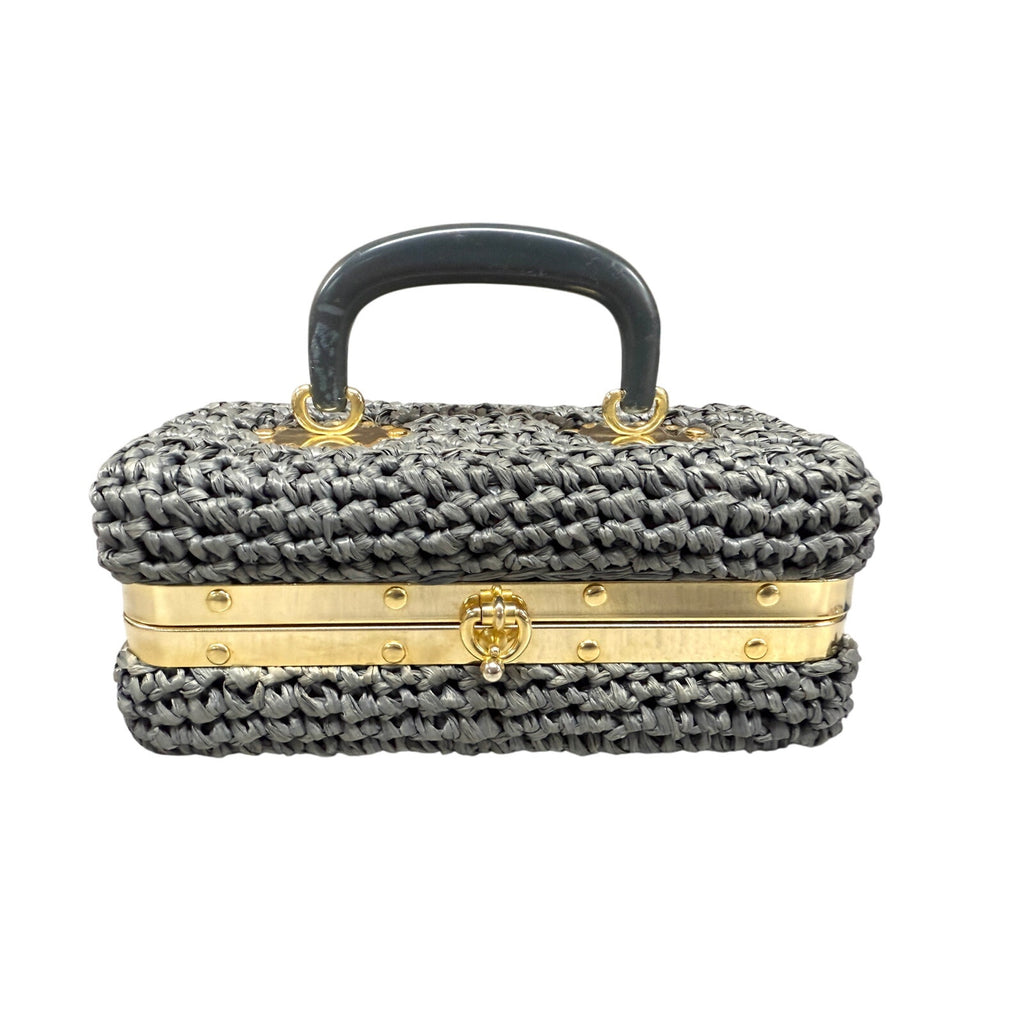 VTG 1960s Raffia Box Purse Gray Gold Meadallion Hardware Hard Sided Mini Unbranded