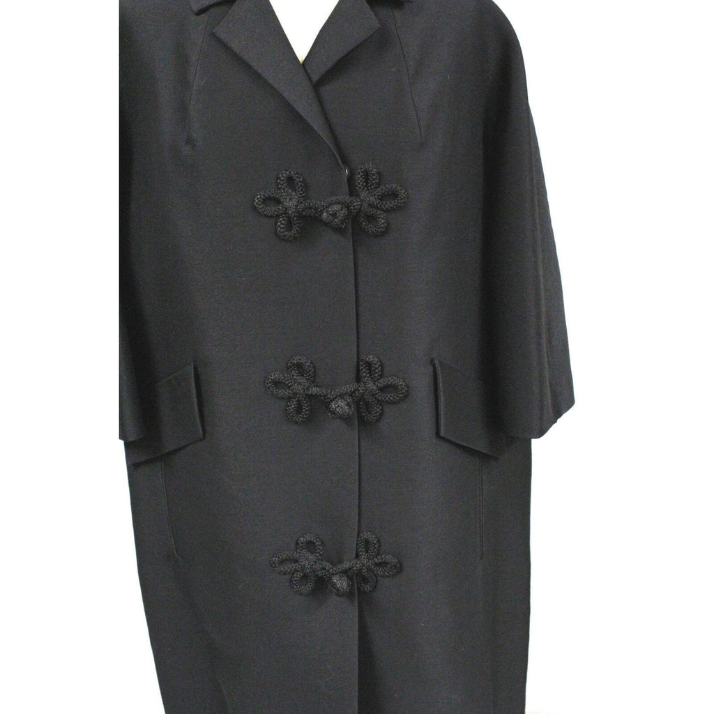 VTG 1950s Black Wool Sack Coat Asian Frog Closures Silk Blend MCM L/XL Coat Unbranded