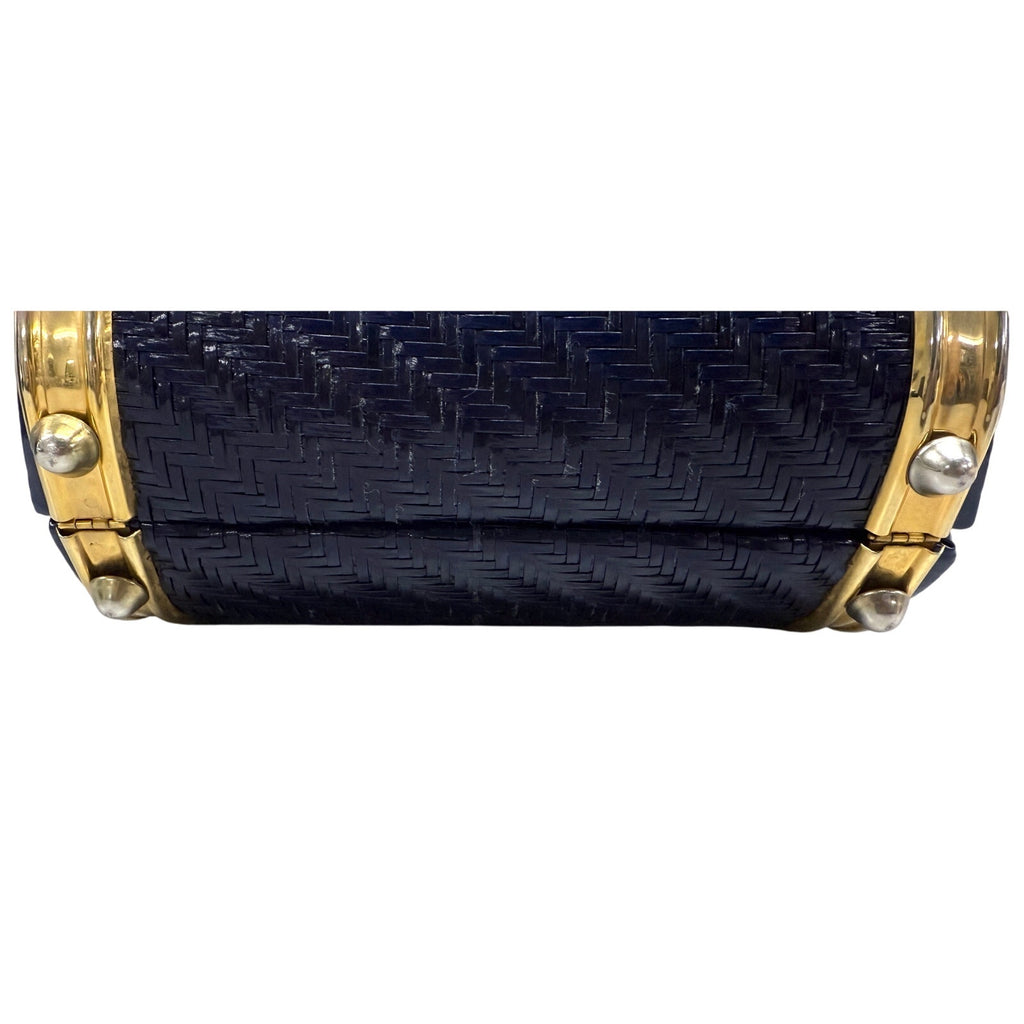 Adorable 1950s-60s Barrel Box Purse Blue Laminated Rattan Italian Handbag MADE IN ITALY
