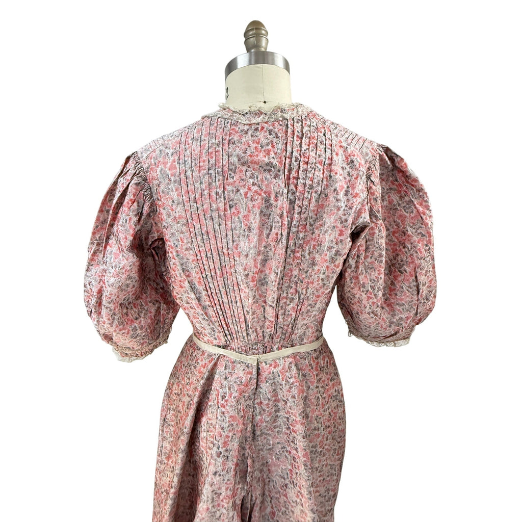 Antique Victorian Bustle Skirt & Bodice Grey Coral Silk Floral RARE Size LARGE Handmade