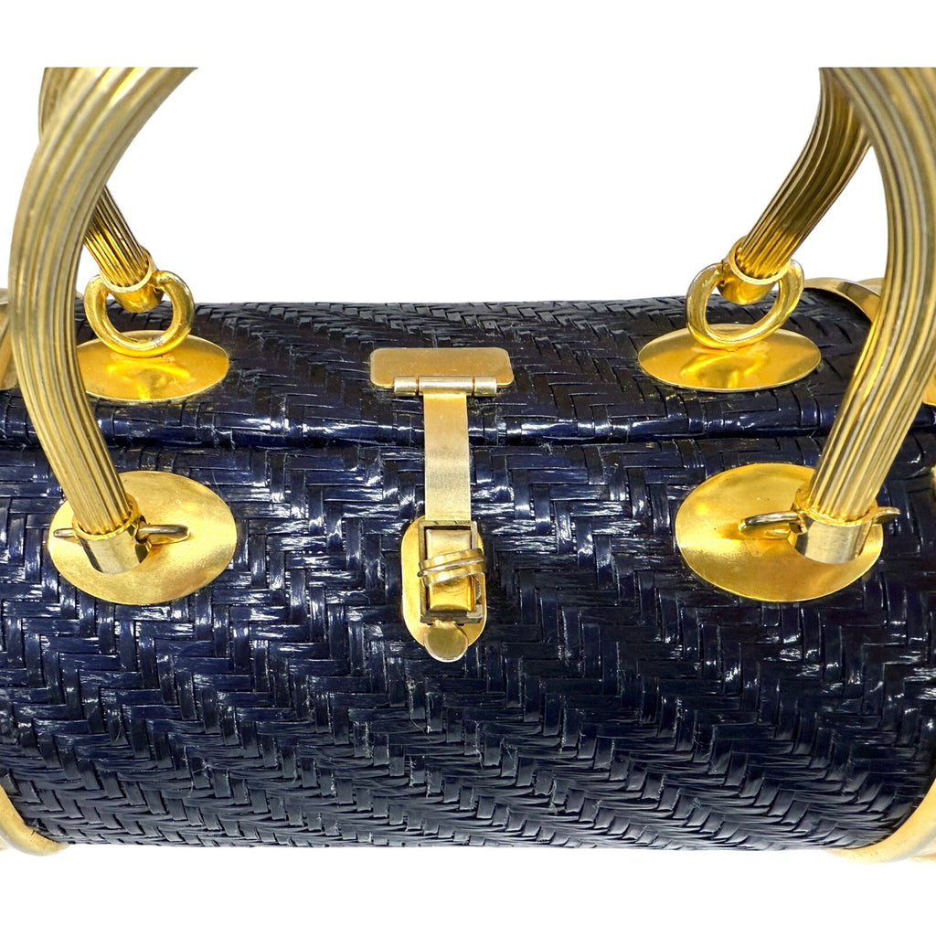 Adorable 1950s-60s Barrel Box Purse Blue Laminated Rattan Italian Handbag MADE IN ITALY