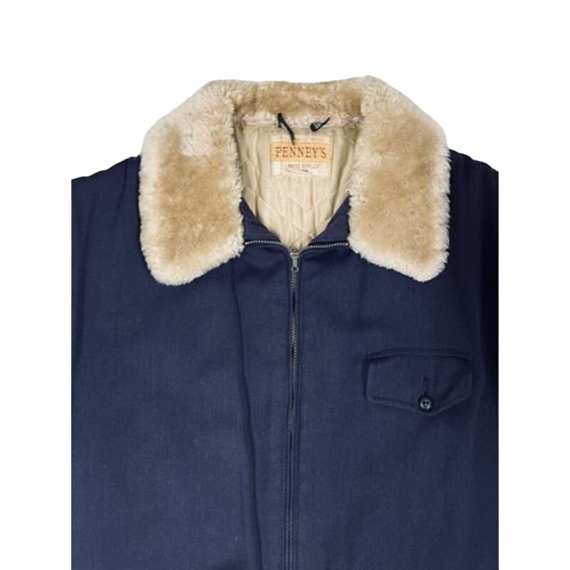 50s VTG Penneys Winter Coat Blue W/Sherpa Collar Mens Sz L 44 Quilted Lining J C Penney