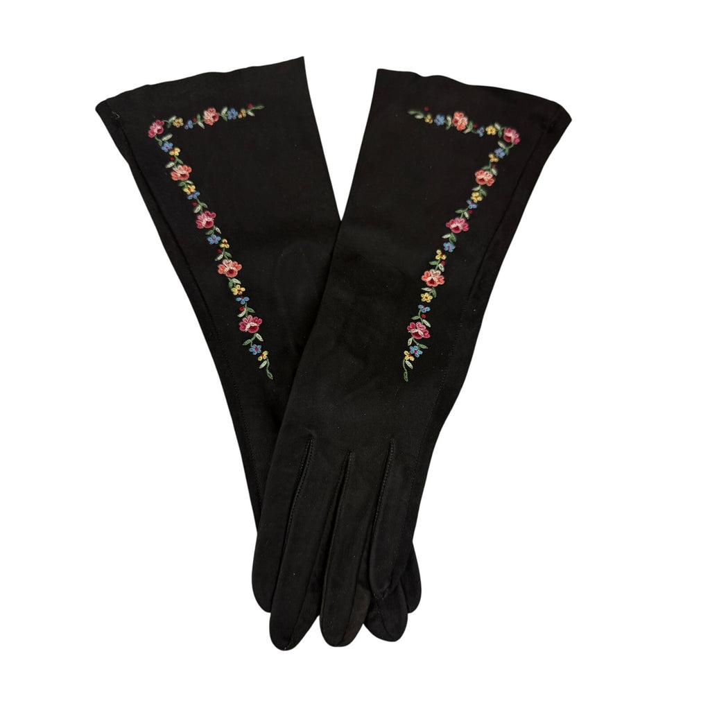 1930s Vintage Freddy of Paris Black Suede Embroidered Womens Gloves 6-6.5 Freddy of Paris