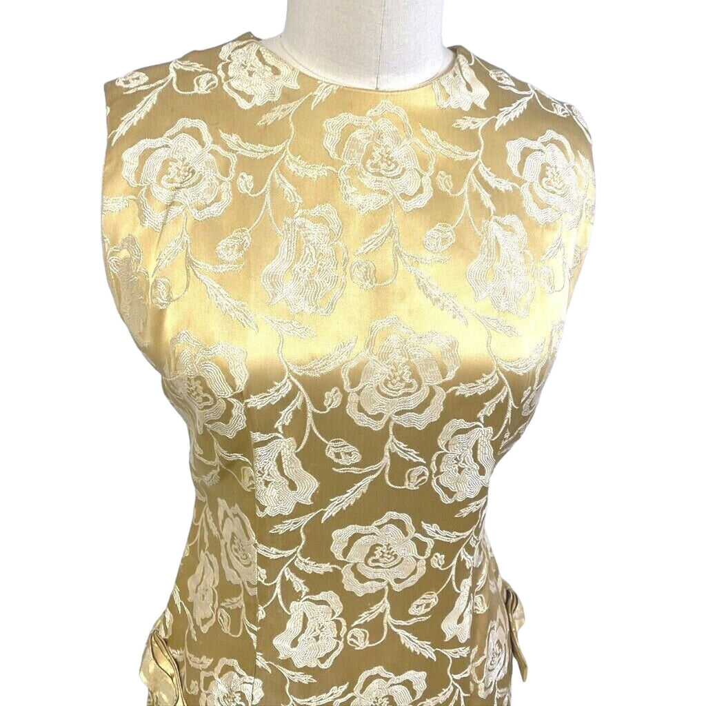 Vtg Chinese Cheongsam Slim Cocktail Dress Gold Damask 36" Bust Womens S/M Unbranded