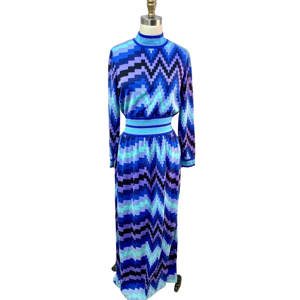 VTG 1970s GOLDWORM KNIT Italy Blue Geometric MAXI-DRESS Sz M Goldworm