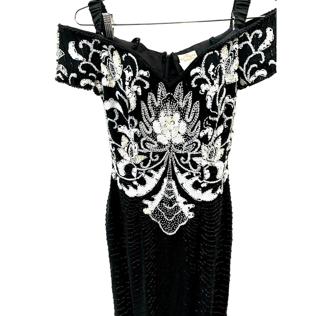 Retro Alyce Designs Vintage Puffy Sleeve Beaded Gown Black Dress Sz 4 80s Glam Alyce Designs