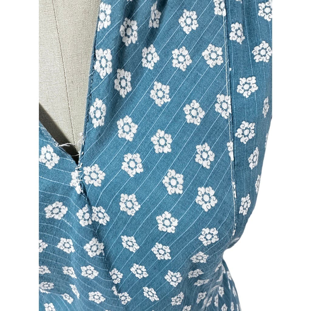 1930s 1940s WW2 VTG Blue Cotton House Dress V Neck White Flowers Sz M Handmade