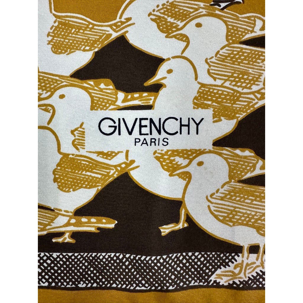 VTG Givenchy Mob Wife Silk Scarf France Brown Gold Bird Gull Design 30" Square Givenchy