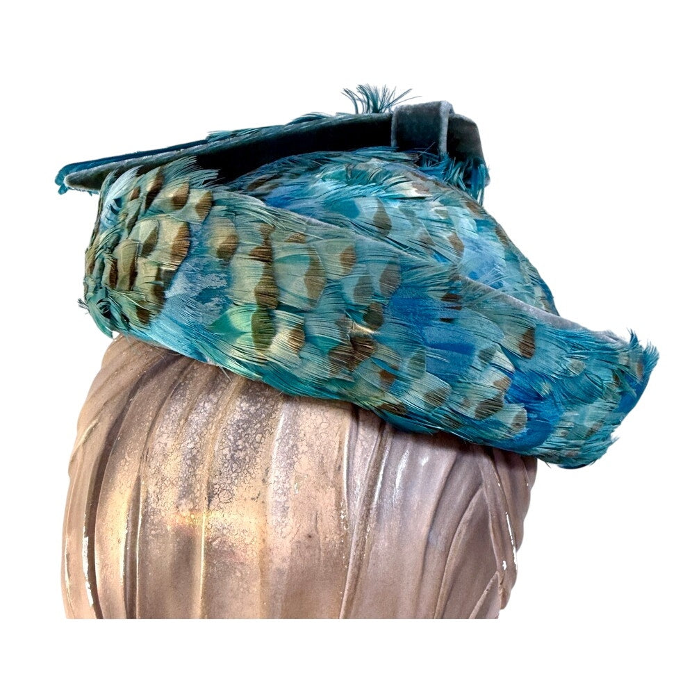 Jack McConnell c.1950s Vintage Hat Turquoise Pheasant Feathers Stupid Cute O/S Jack McConnell