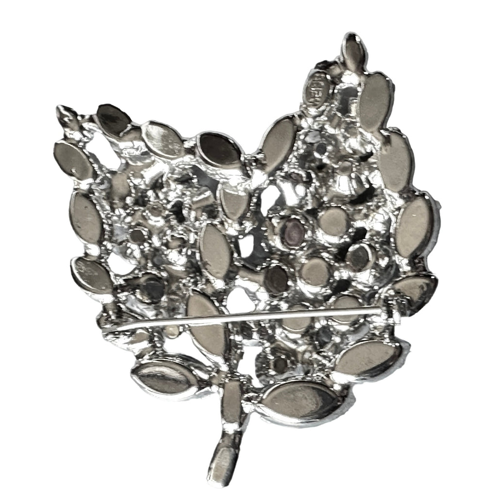Retro vtg Weiss 1960's Signed Large 3D Clear Rhinestone Pin Brooch Double Leaf Weiss