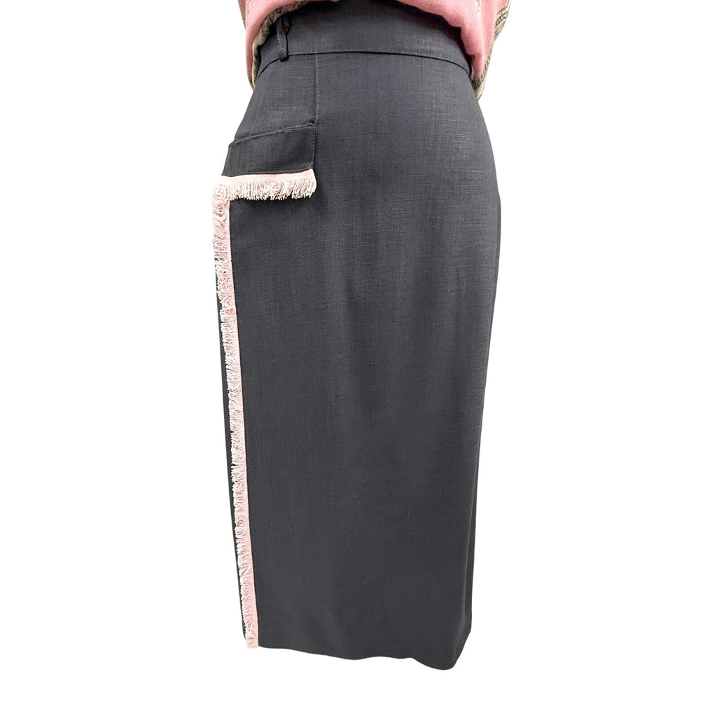Vintage 1940s/50s Gray Linen Pencil Skirt - Asymmetric Pink Fringe Detail - 6/S Unbranded
