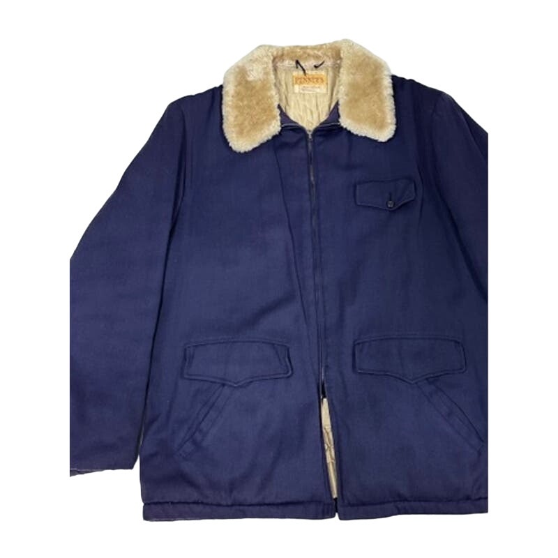 50s VTG Penneys Winter Coat Blue W/Sherpa Collar Mens Sz L 44 Quilted Lining J C Penney