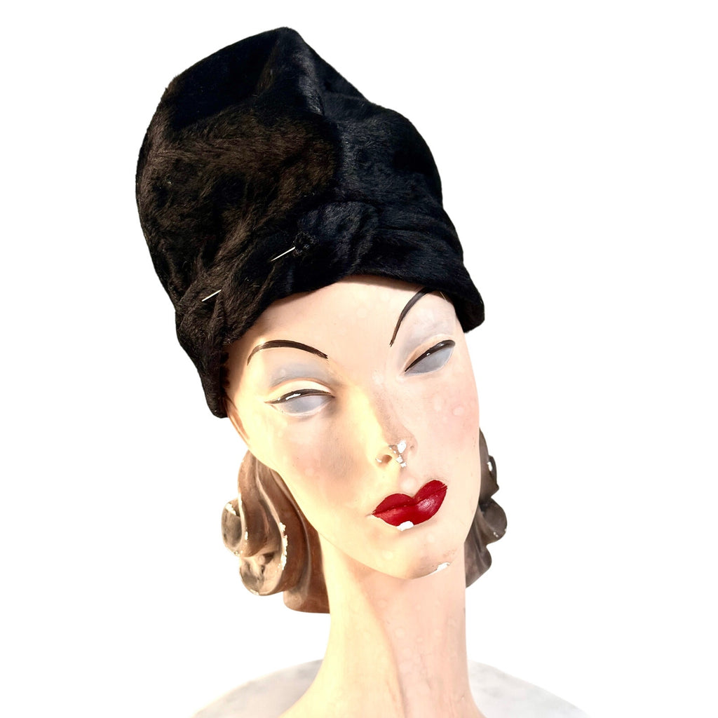 1940s Womens Tall Architectural Fur Felt Hat Black Turban Style Med. Bonwit Teller Bonwit Teller