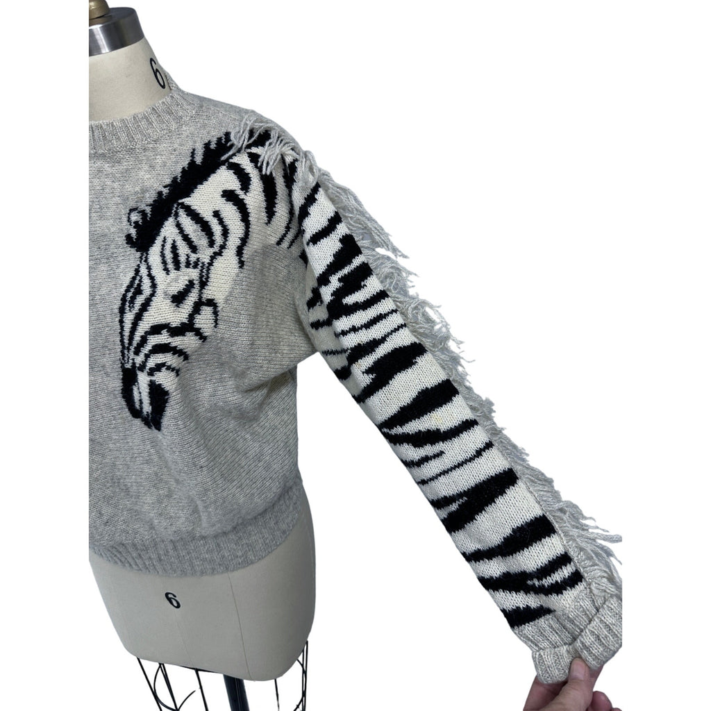 VTG Knight's LTD Shetland Wool Sweater Zebra Intarsia Fringe 80s Gray Sz 38/M/L Knight's