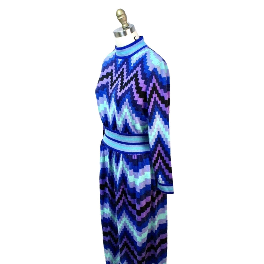VTG 1970s GOLDWORM KNIT Italy Blue Geometric MAXI-DRESS Sz M Goldworm