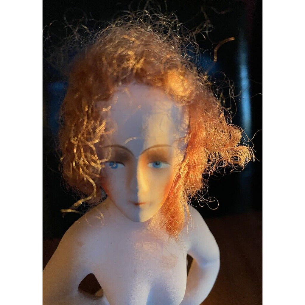 Antique Paper Mache Boudoir Pin Cushion Half Doll Red Head Human Hair German Boudoir