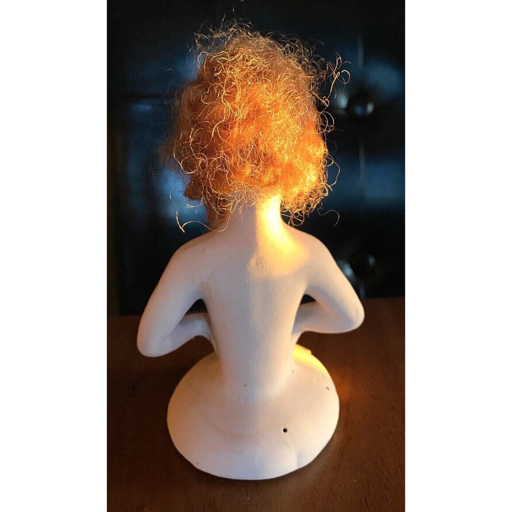 Antique Paper Mache Boudoir Pin Cushion Half Doll Red Head Human Hair German Boudoir