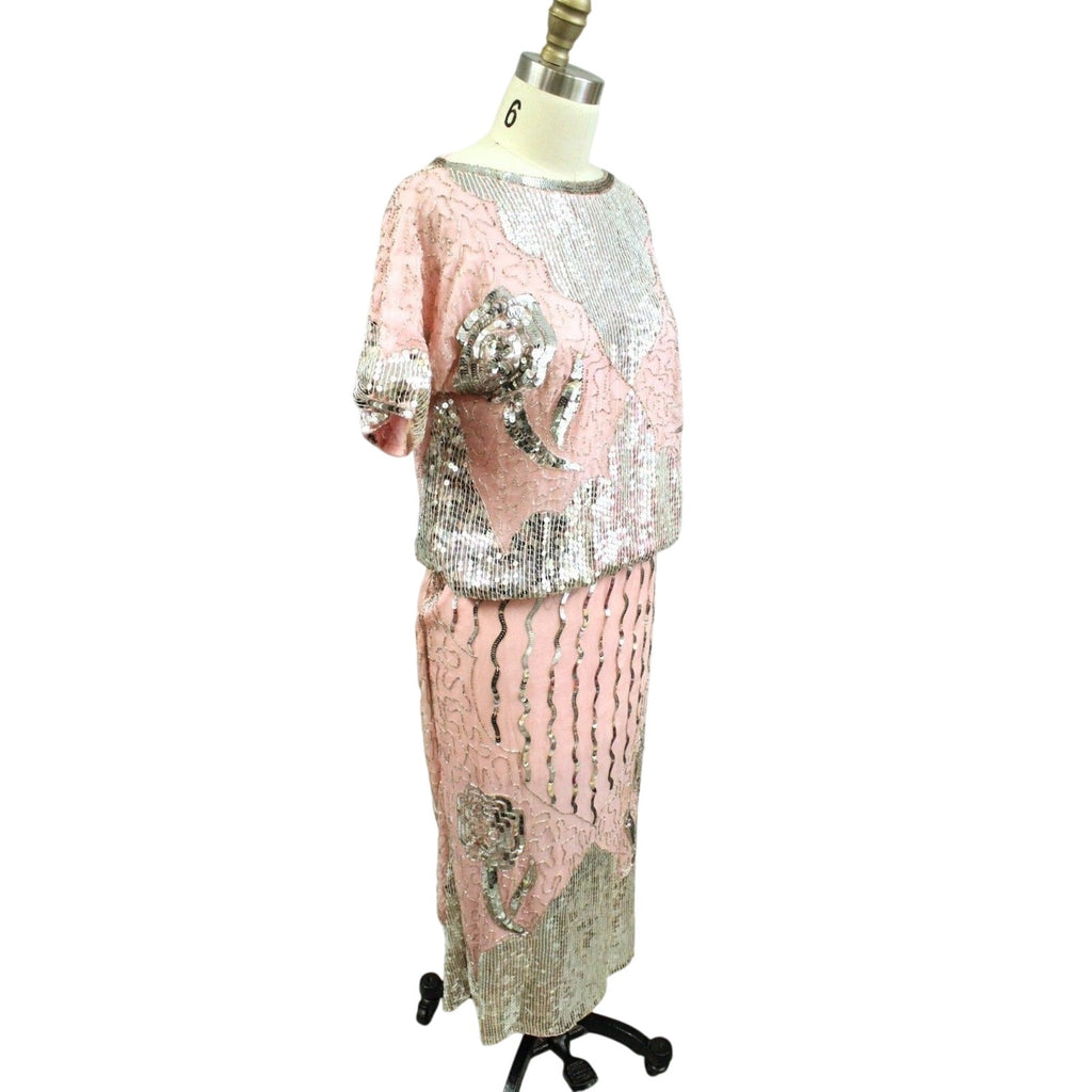 VTG 80s Glam: Pink Silk Beaded & Sequined 2PC Dress Set -Top & Skirt- Sz M Unbranded