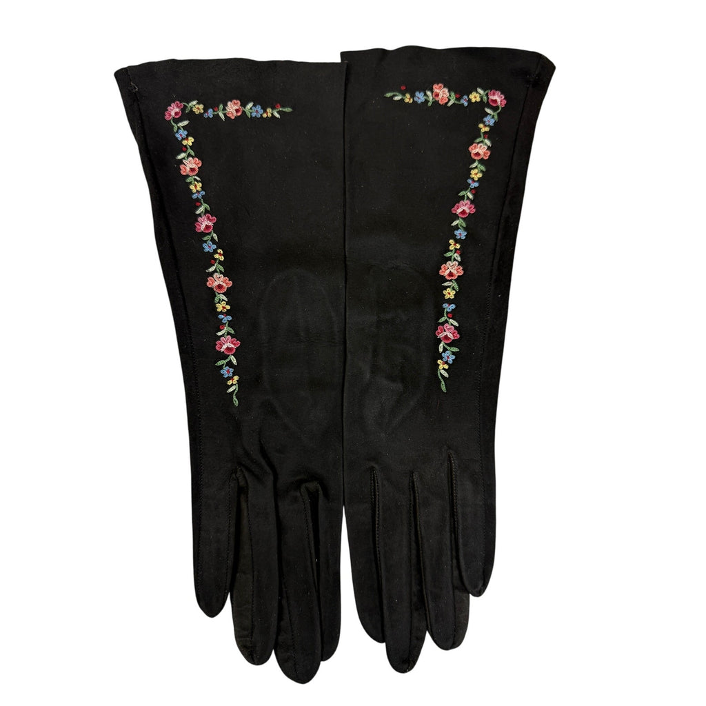1930s Vintage Freddy of Paris Black Suede Embroidered Womens Gloves 6-6.5 Freddy of Paris