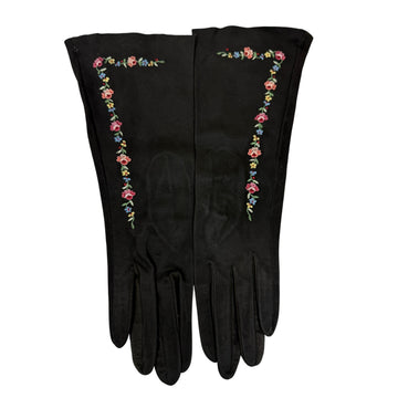 1930s Vintage Freddy of Paris Black Suede Embroidered Womens Gloves 6-6.5 Freddy of Paris