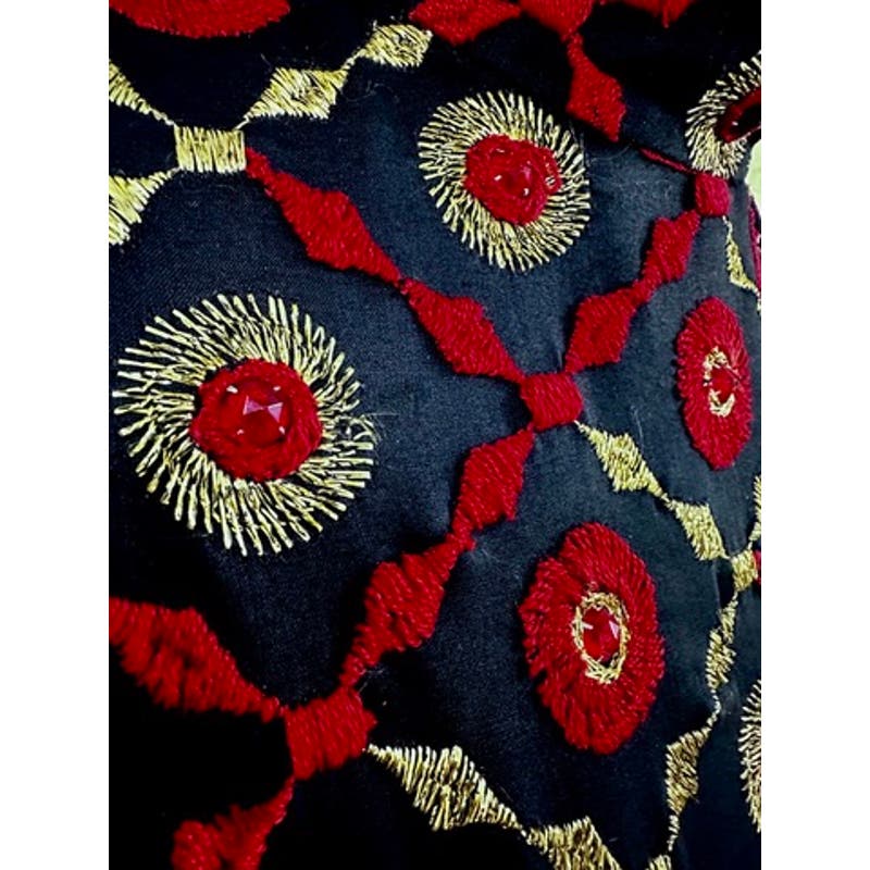 Mob Wife 70s VTG Edie Gladstone Black Dress Gold Red Circle Pattern Sz S Edie Gladstone