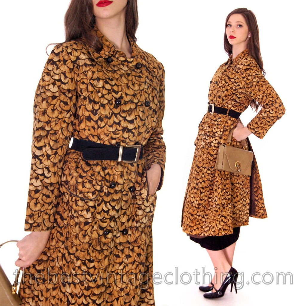 VTG 60s 70s Jeanne Lanvin Paris Feather Print Trench Coat Mob Wife Glam Sz L Lanvin