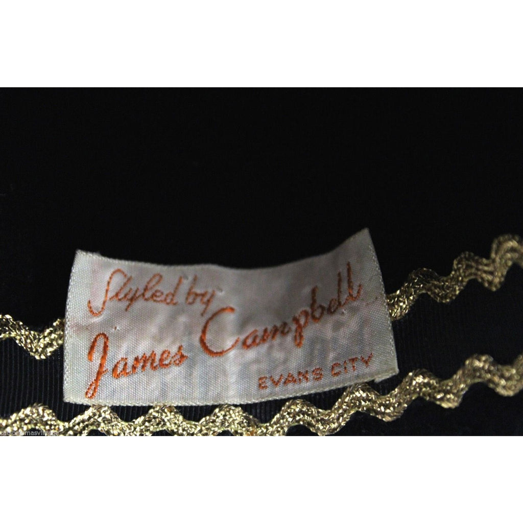 James Campbell VTG Hat Black Mousse Leather Leaves Feathers 1950s + Hat box James Campbell